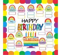 Rainbow Classroom Birthday Chart with 33 FT Border Trim Holiday Let's Celebrate Cloud Happy Birthday Bulletin Board Calendar Display Set Decorations for Teacher School Supplies Wall Decor