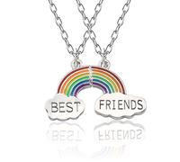 Rainbow Cloud Best Friend Necklace for Girls, Symmetrical Design with Colourful Arches - Engraved BFF Pendants on Adjustable Silver-Toned Chains, Matching Gifts for Birthdays and Graduations (Rainbow)