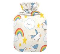 Rainbow Cloud Bird Beige Stars hot Water Bottles with Soft Cover, 2L Water Bags for Pain Relief,Pain Relief,Bolsa Caliente para Dolores Menstrual