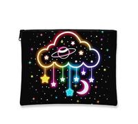 Rainbow Cloud Makeup Bag, Stars and Moon Cosmic Cosmetic Travel Pouch for Women, Portable Small Canvas Zipper Organizer, Gift for Festival and Everyday Use, Black, 7x9 Inch, Cloud