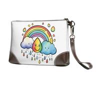 Rainbow Cloud Raindrop Print Genuine Leather Wristlet Clutch Wallet Purse Handbag Cell Phone Pocket for Women