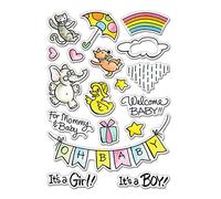 Rainbow Cloud Rains Umbrella Cats Dogs Ducks Elephants Gifts Box Stamp for Card Making Welcome Baby It's a Girl Boy Words Clear Rubber Stamp for Scrapbooking Paper Crafting