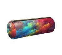 Rainbow Clouds Printed Cylindrical Leather Pencil Case for Girls Boys, Gold Zipper Pencil Bag Pen Pouch Organizer for Student School Office College