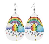 Rainbow Clouds Raindrop 1 Printed Dangle Leather Earrings, Reversible Statement Jewelry with Silver Plated Hooks