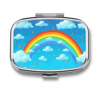 Rainbow Clouds Raindrop Pill Box 2 Compartment, Portable Pill Case with Mirror for Pocket Purse Travel, Mini Metal Medicine Organizer for Vitamins Fish Oil