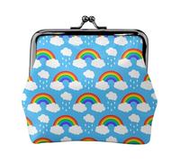 Rainbow Clouds Raindrop Print Double Clasp Metal Frame Leather Kiss Lock Change Pouch Wallet for Women with Keys, Small Purses