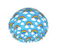 Rainbow Clouds Raindrop Printed Hair Cover, Dual Layer Bathing Cap For Thick Hair, Reusable Headgear For Women