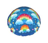 Rainbow Clouds Raindrop Shower Cap for Women Double Layers Thick Hair Caps Reusable Waterproof Bath Caps with Elastic Band Hair Hat Washable Shower Hat for Men Women Spa Salon