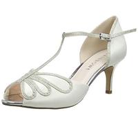 Rainbow Club Harlow - Peep Toe Low Heel Ivory Satin Bridal Wedding Shoes with Silver Shimmer Detail and Ankle Strap, 4 UK