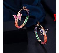 Rainbow Color Cubic Zirconia Elegant Red Blue Butterfly Round Hoop Earrings For Women Jewelry
