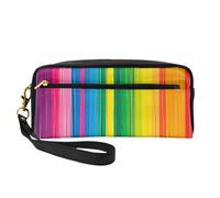 Rainbow Color Stripe Printed Leather Makeup Bags with Wrist Strap Portable Travel Toiletry Bag Cosmetic Organizer Bag for Women