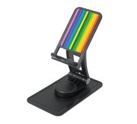 Rainbow Color Stripe Prints Rotating Cell Phone Stand with 360° Swivel Base - Foldable Square Desk Phone Holder for iPhone 16 15 14 13 12 11,All Phones,Black