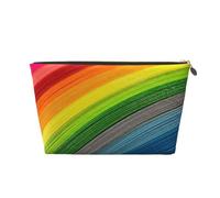 Rainbow Color Stripe Womens Makeup Bag Leather Travel Toiletry Organizer Wash Bag Cosmetic Pouch with Zipper Girls Handbag Gold