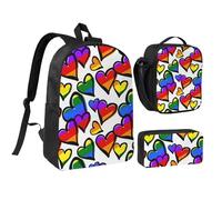 Rainbow Colored Gay Pride Hearts 17 Inch School Backpack Set with Pencil Case and Lunch Bag,Matching Print Design,Durable Polyester School Bag for Kids Teens Boys Girls