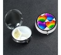 Rainbow Colored Gay Pride Hearts Pill Box 3 Compartment Waterproof Pill Container with Mirror Metal Medicine Box Organizer Portable Vitamin Case for Pocket & Purse Travel - Round