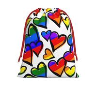 Rainbow Colored Gay Pride Hearts Print Christmas Drawstring Gift Bags, Xmas Holiday Fabric Gift Wrapping Bag For Party, Size-L