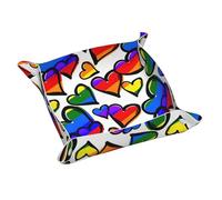 Rainbow Colored Gay Pride Hearts Print Leather Valet Tray For Women,Travel Organizer, Trinket Jewelry Cosmetic Organizer Tray