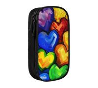 Rainbow Colored Gay Pride Hearts Print Pencil Case, Large Capacity 2 Compartment Dual Zips Pouch, Premium Oxford Fabric Aesthetic Pencil case Stationery Organizer for Boys Girls Supplies Makeup Bag