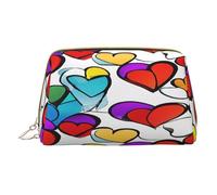(Rainbow Colored Gay Pride Hearts) Print Pu Leather Makeup Bag with Zipper Pocket Compact Organizer for Travel/Purse