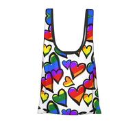 Rainbow Colored Gay Pride Hearts Print Reusable, Foldable,Washable Grocery Bags Foldable in A Pouch Eco Tote Shopping Bag,Daily Shopping Loading