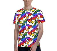 Rainbow Colored Gay Pride Hearts Print Short Sleeve Crew Neck T-Shirt Fashionable Casual Summer Comfortable Everyday Use