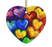 Rainbow Colored Gay Pride Hearts Printed Christmas Tree Ceramic Hanging Ornaments with Hanging Strings, Love Heart-Shape Ceramic Wall Hanging Xmas Tree Decorations