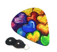 Rainbow Colored Gay Pride Hearts Printed Guitar Picks, 6 Pack with Leather Keychain Pick Holder - 0.46mm, 0.71mm, 0.96mm Assorted Thickness for Acoustic Ukulele, Electric Guitar