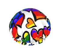 Rainbow Colored Gay Pride Hearts Printed Hair Wrap, Double Layer Shower Cap For Women, Reusable Hair Protector For Bathing