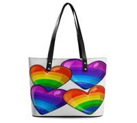 Rainbow Colored Gay Pride Hearts Tote Bag Large Soft Leather Purse with Zipper Lightweight Ladies Shoulder Handbag