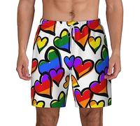 Rainbow Colored Hearts Swim Trunks Men Board Shorts Quick-Dry Swimming Shorts with Mesh Lining, White, Large