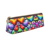 Rainbow-Colored Love Hearts Leather Pencil Case Large Capacity Pencil Pouch Pencilbag Pouch with Zipper Pen Holder