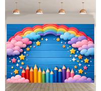 Rainbow Colored Pencils Star Cloud Blue Wooden Board Back to School Photography Backdrop, First Day of School Kids Newborn Birthday Cake Smash Baby Shower Photo Booth Banner (C, 7x5feet)