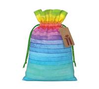 (Rainbow Colored Striped) Printed Christmas S Size Gift Bags with Green Ribbon Drawstring Candy Bags for Kids Xmas Holiday Christmas Eve Presents