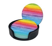Rainbow Colored Striped Round Leather Coaster Set (6 Pieces) â€“ Premium Single-Sided Printed Coasters Pu Leather, Perfect For Home And Office