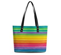 Rainbow Colored Striped Tote Bag Large Soft Leather Purse with Zipper Lightweight Ladies Shoulder Handbag