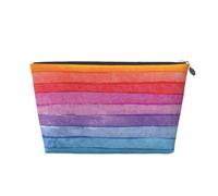 Rainbow Colored Striped Womens Makeup Bag Leather Travel Toiletry Organizer Wash Bag Cosmetic Pouch with Zipper Girls Handbag Silver