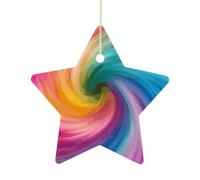 Rainbow Colored Swirl Ceramic Christmas Star Ornaments - 2.7 Inch Rustic Star Xmas Tree Decor with Hanging String, Personalized Vintage Double-Sided Holiday Party Decorations for Xmas Gifts