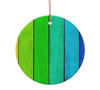 Rainbow Colored Wood Background Christmas Tree Ceramic Ornaments Pendants, 7.3cm Round Xmas Ornaments for Novel 1 Piece