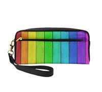 Rainbow Colored Wood Background Print Leather Small Makeup Bag – Reusable Cosmetic Accessories Organizer, Travel Toiletry Bag