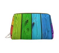 (Rainbow Colored Wood Background) Print Pu Leather Makeup Bag with Zipper Pocket Compact Organizer for Travel/Purse