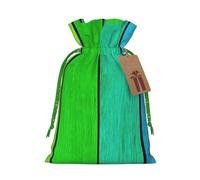 Rainbow Colored Wood Background Printed Christmas Drawstring Bags with Green Christmas Ribbon - Reusable Burlap Drawstring Gift Pouches, S
