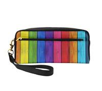 Rainbow Colored Wood Background Printed Leather Makeup Bags with Wrist Strap Portable Travel Toiletry Bag Cosmetic Organizer Bag for Women
