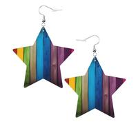 Rainbow Colored Wood Background Prints Leather star earrings Pendant Stylish and light Lightweight Dangle for Women Girls, One Size, Leather, No Gemstone