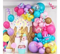 Rainbow Colorful Balloons Arch for Candyland Sweet One Two Donut Grow Up Ice Cream Birthday Party Decorations Pastel Purple Pink Blue Yellow Brown Confetti Latex Balloons Garland with Long Balloons