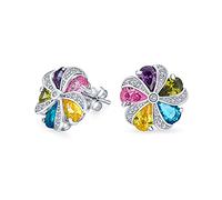 Rainbow Colorful Statement Multicolor CZ Swirling Circle Button Flower Stud Earrings For Women Teens Silver Plated