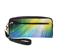 Rainbow Colorful Stripe Printed Leather Makeup Bags with Wrist Strap Portable Travel Toiletry Bag Cosmetic Organizer Bag for Women