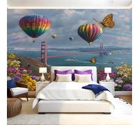 Rainbow Colors Photo Wallpaper 3D Effect Hot Air Balloons and The Golden Gate Bridge Mural Wallpaper Non-Woven Wall Mural, 350 x 256 cm Large Murals Wall Decor for Bedroom, Living Room, Kids Room