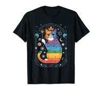 Rainbow Cosmic Cat with Moons and Crystals T-Shirt