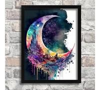Rainbow Crescent Moon Art Print 30x40cm Framed Wall Art Whimsical Home Decor Poster A4 - Wall Art Home Decor Movie Poster Canvas Film Cinema Retro Vintage Cult Classic Nostargic Saga Modern reprint w
