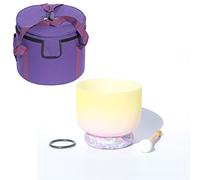 Rainbow Crystal Singing Bowl C/D/E/F/G/A/B Note With Heavy Duty Carrying Case+Rubber Mallet+Silk Brocade Cushion Gift For Yoga Meditation Therapy,Yellow,E Note,440 Hz 12Inch